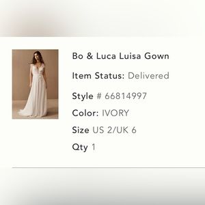 Anthropologie
Bo & Luca Luisa Gown
Style # 66814997
Color: IVORY
Size US 2/UK 6